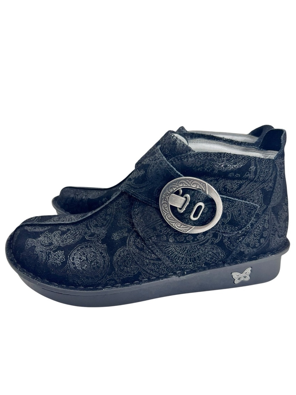Alegria Caiti boots in the "Night N Gale" paisley black suede leather.